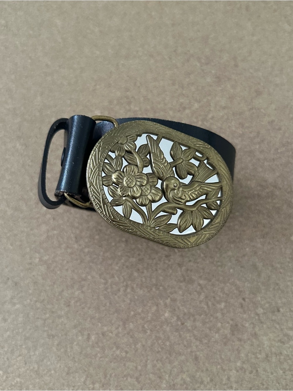 Vintage CAbi M 34 Brass-Tone Floral Bird Buckle with Black Leather Strap